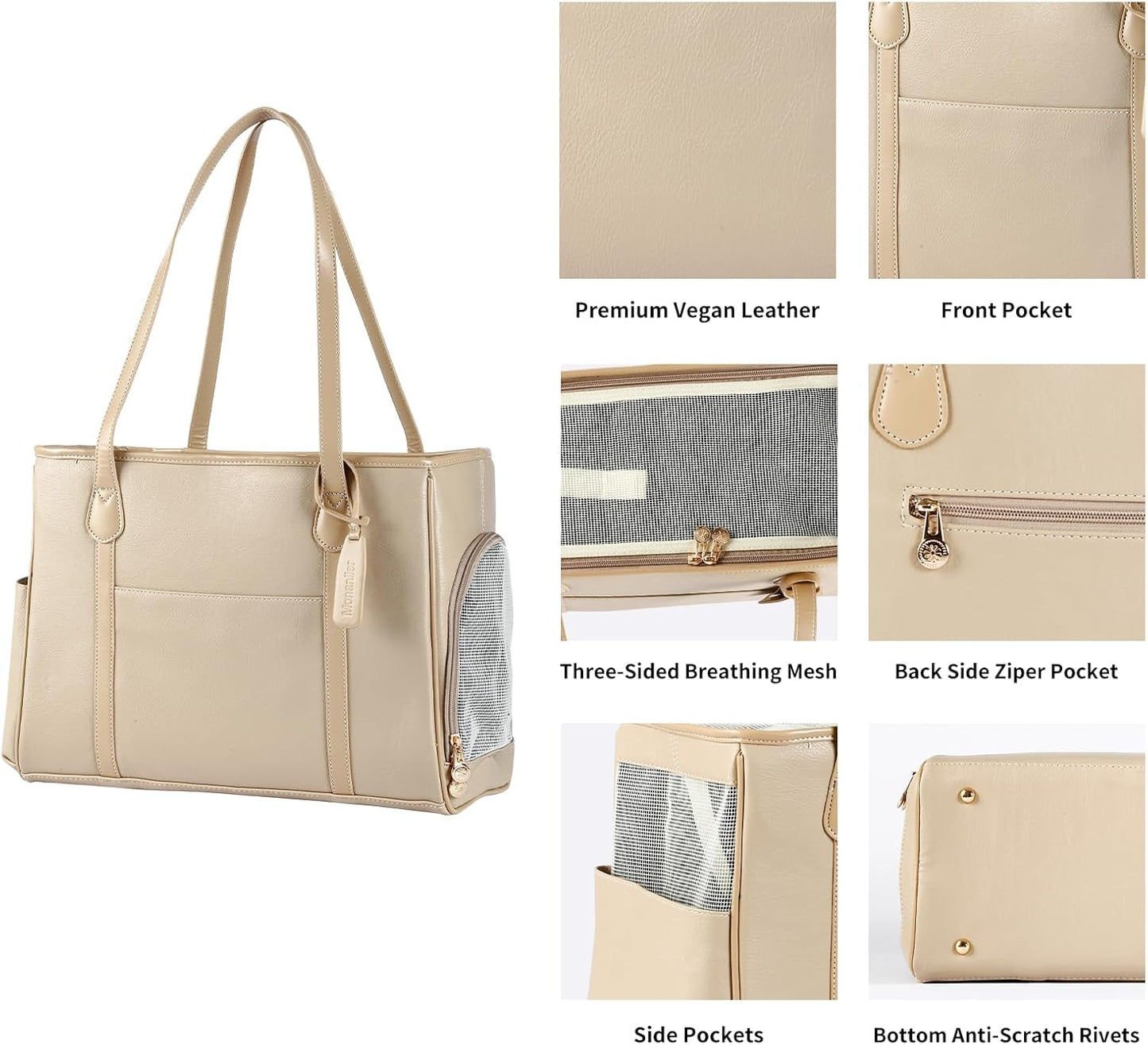Monanller Stylish Dog Purse Carrier, Leather Pet Carrier Bag for Small Dogs Cats Puppy, Airline Approved Soft-Sided Carrier Beige