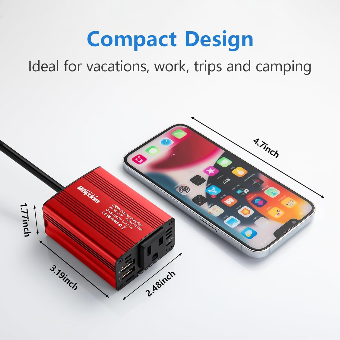 Bapdas 150W Car Power Inverter with 1 DC 12V to 110V AC Outlet Converter and 2 USB Ports Auto Charger Adapter for Laptops and Smartphones-Black