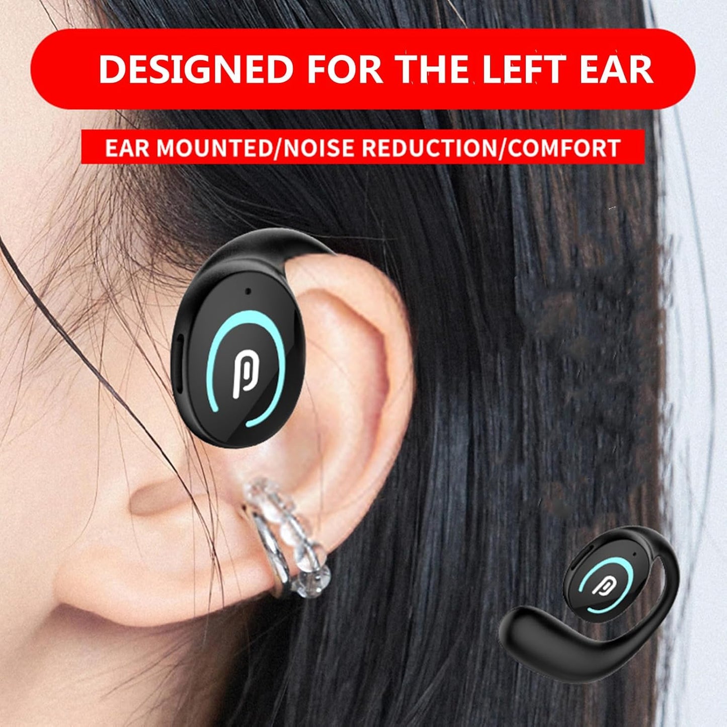 Sunffice Open Ear Bluetooth 5.3 Earpiece,Single-Ear Headset Hands-Free Earphones with Earhook,Noise-Cancellation Stereo Sound Sports Earbud for Office Driving Calling Compatible Android/iPhone(Black)