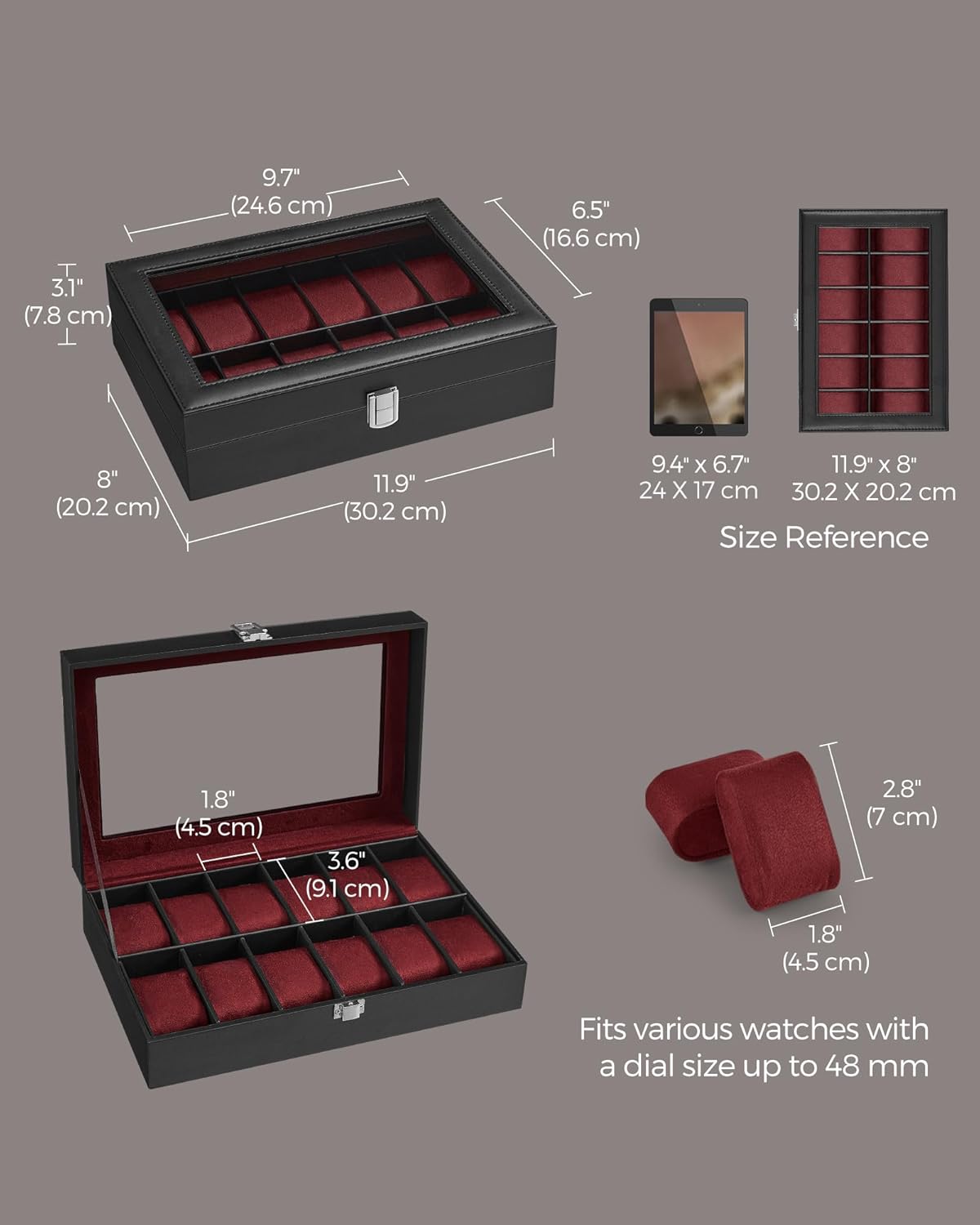 SONGMICS Watch Box, 6-Slot Watch Case, Watch Box Organizer, Black Synthetic Leather, Greenish Gray Lining UJWB06BK