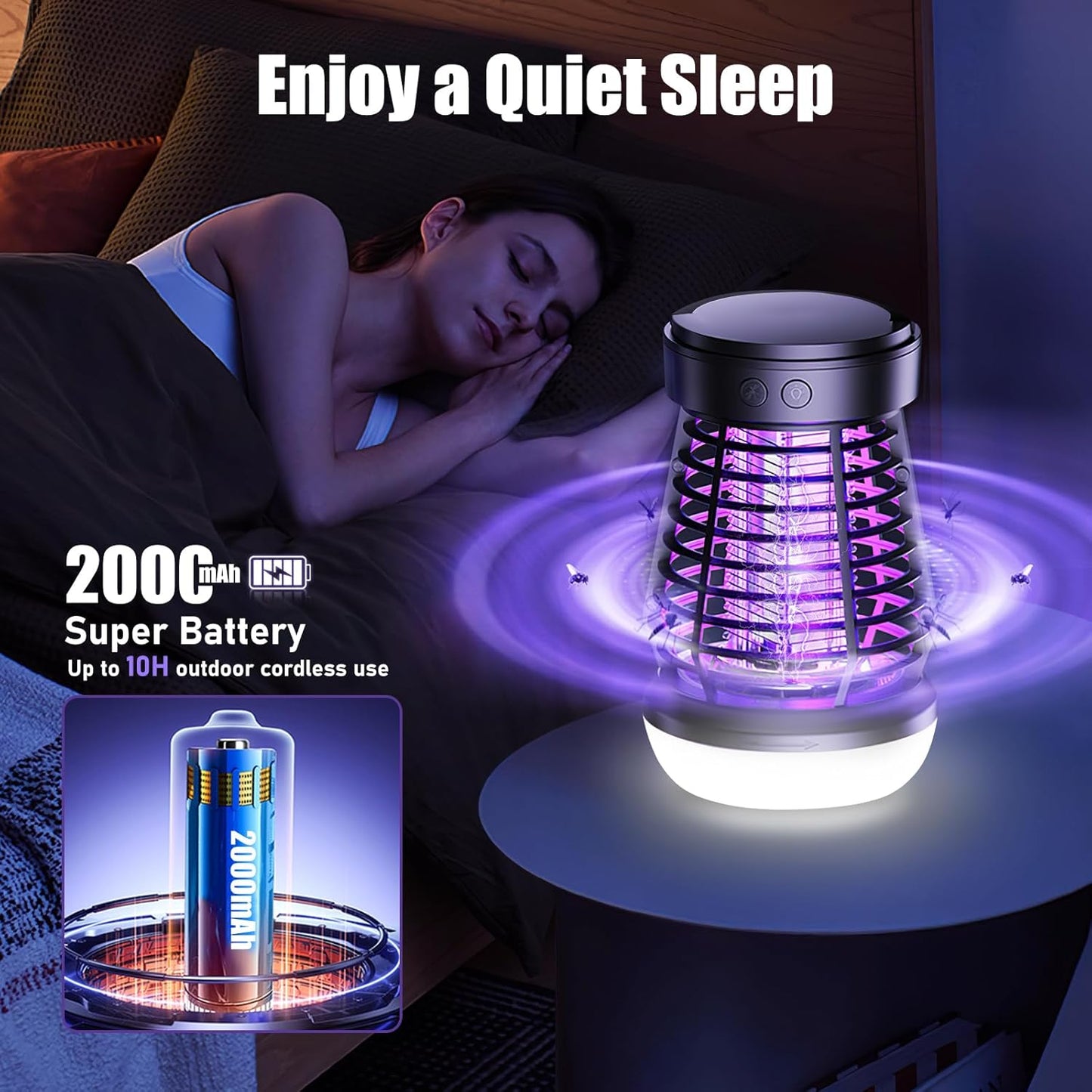 Bug Zapper Outdoor, Electric Mosquito Zapper 2 in 1 Bug Zapper Indoor with 2000mAh Battery & LED Night Light, Fly Traps Outdoor, 2000V Electric Fly Zapper for Home, Patio, Backyard (Matte Black)
