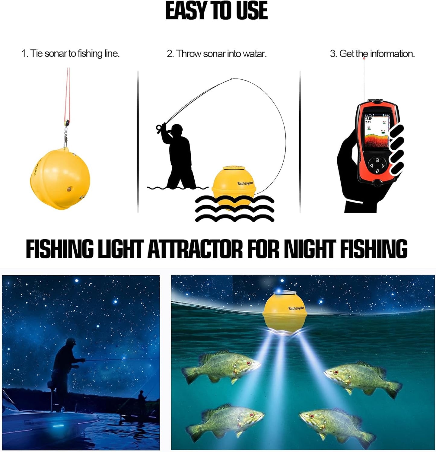 Atibin Portable Sonar Fish Finder Water Sensor Transducer Depth Finder Kayak Wireless Handheld Fish Finders Canoe Fishing