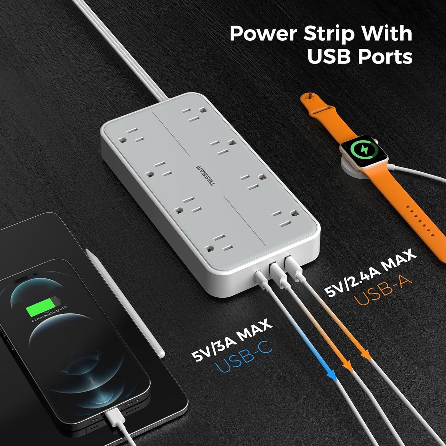 Flat Plug Power Bars with Surge Protector, TESSAN 6 Ft Extension Cord Indoor with 8 Multiple Outlets and 3 USB(1 USB C), 1080 Joules Wall Mounted Charging Station for Home Office Dorm Room, Gray