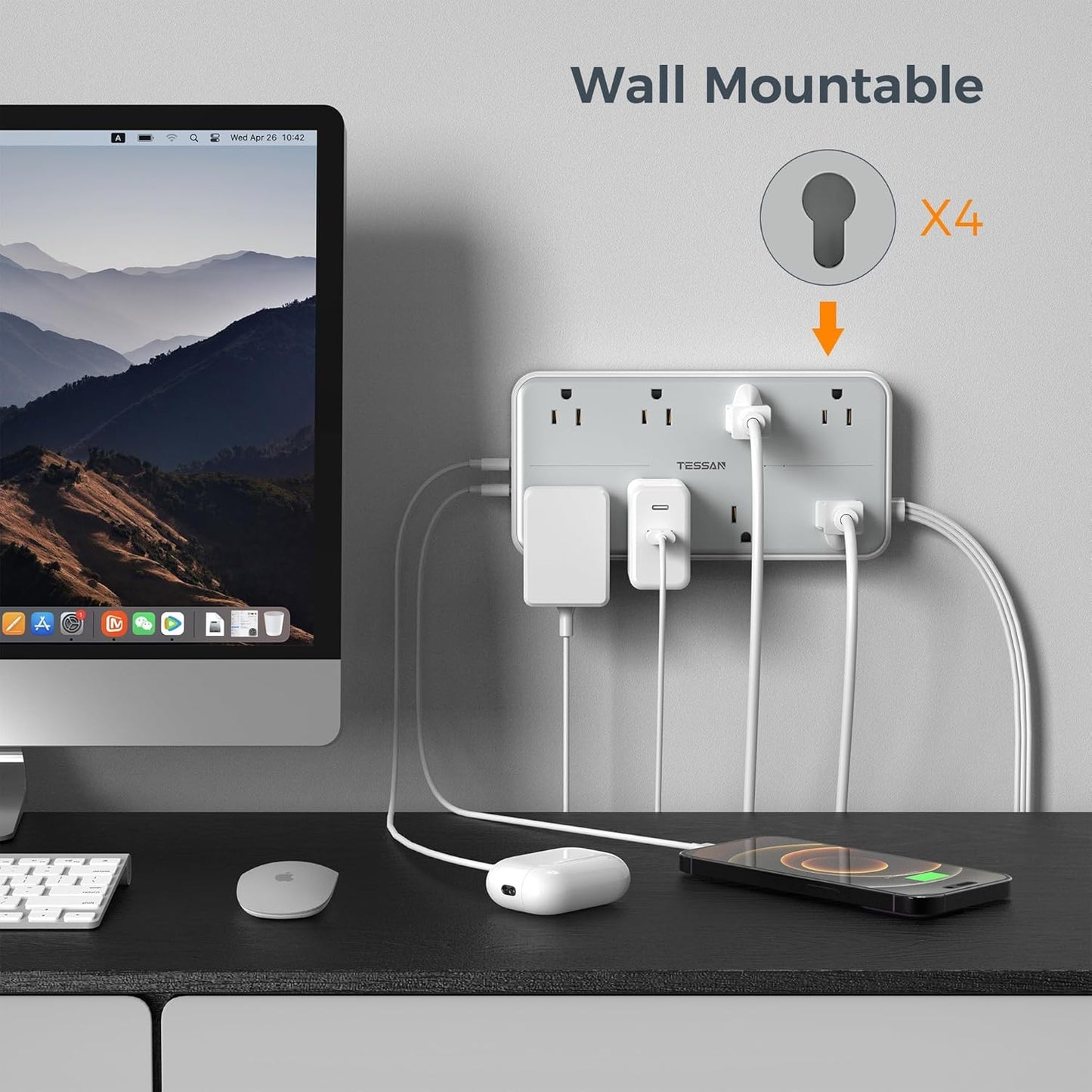 Flat Plug Power Bars with Surge Protector, TESSAN 6 Ft Extension Cord Indoor with 8 Multiple Outlets and 3 USB(1 USB C), 1080 Joules Wall Mounted Charging Station for Home Office Dorm Room, Gray