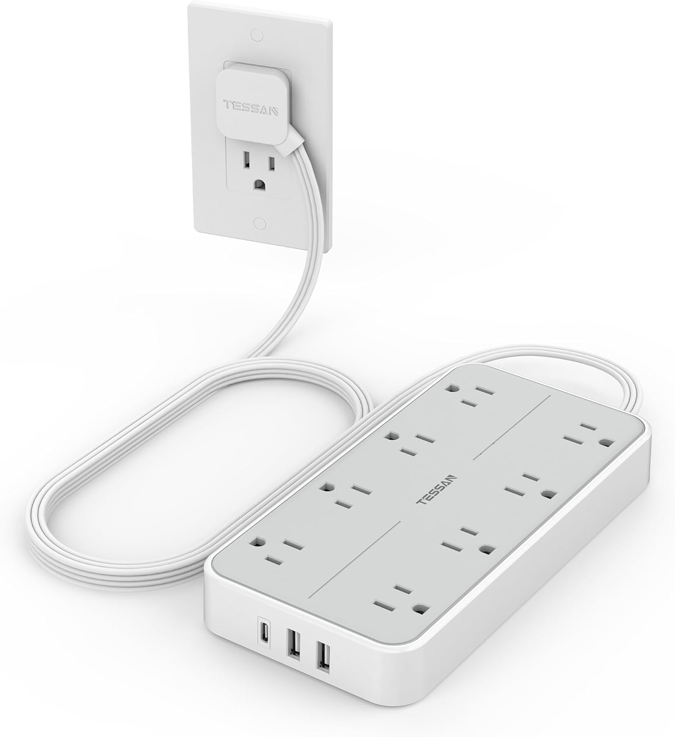 Flat Plug Power Bars with Surge Protector, TESSAN 6 Ft Extension Cord Indoor with 8 Multiple Outlets and 3 USB(1 USB C), 1080 Joules Wall Mounted Charging Station for Home Office Dorm Room, Gray
