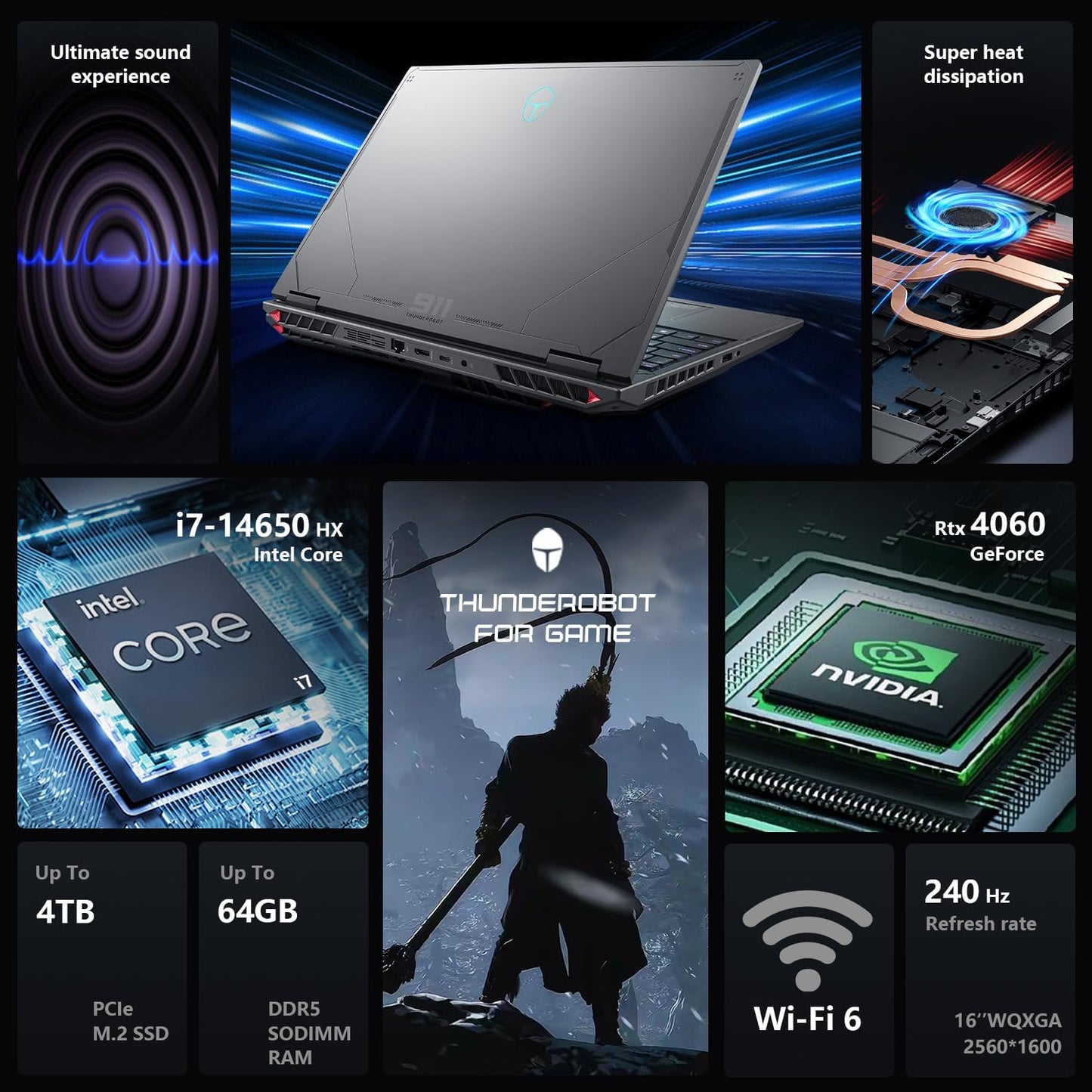 Thunderobot Radiant 16 4060 Gaming Laptop, 16" 2.5K QHD+ 240Hz Display, Intel Core i7-14650HX, GeForce RTX 4060, 32GB DDR5 RAM, 1TB PCIe SSD, RGB Backlit Keyboard, Wi-Fi 6, Windows 11 Home, Gray