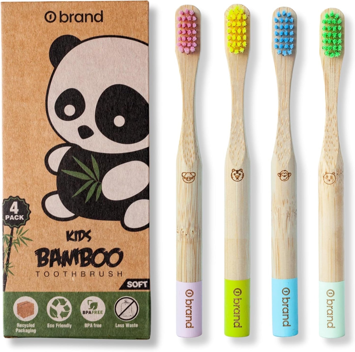 4 Pack KIDS Bamboo Toothbrush, Soft Bristle Toothbrush, ROUND HANDLE, Eco Friendly & Natural, BPA Free, Wooden Toothbrushes, Zero Waste Products, Organic, Vegan, Tooth Brush, Non Plastic, Environmental