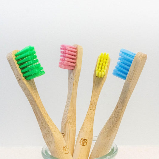 4 Pack KIDS Bamboo Toothbrush, Soft Bristle Toothbrush, ROUND HANDLE, Eco Friendly & Natural, BPA Free, Wooden Toothbrushes, Zero Waste Products, Organic, Vegan, Tooth Brush, Non Plastic, Environmental - PuriLite