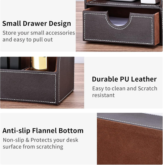 KINGFOM Pu Leather Desk Organizer Pen Pencil Holder Office Supplies Caddy Storage Box 6 Compartments with Drawer Brown (Half Pu)