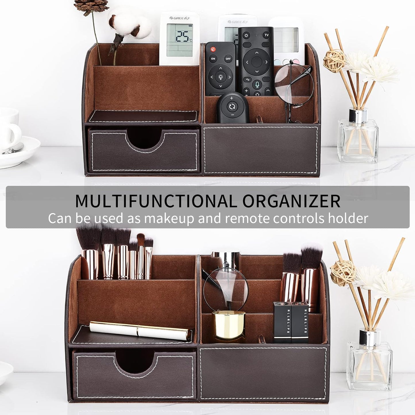 KINGFOM Pu Leather Desk Organizer Pen Pencil Holder Office Supplies Caddy Storage Box 6 Compartments with Drawer Brown (Half Pu)