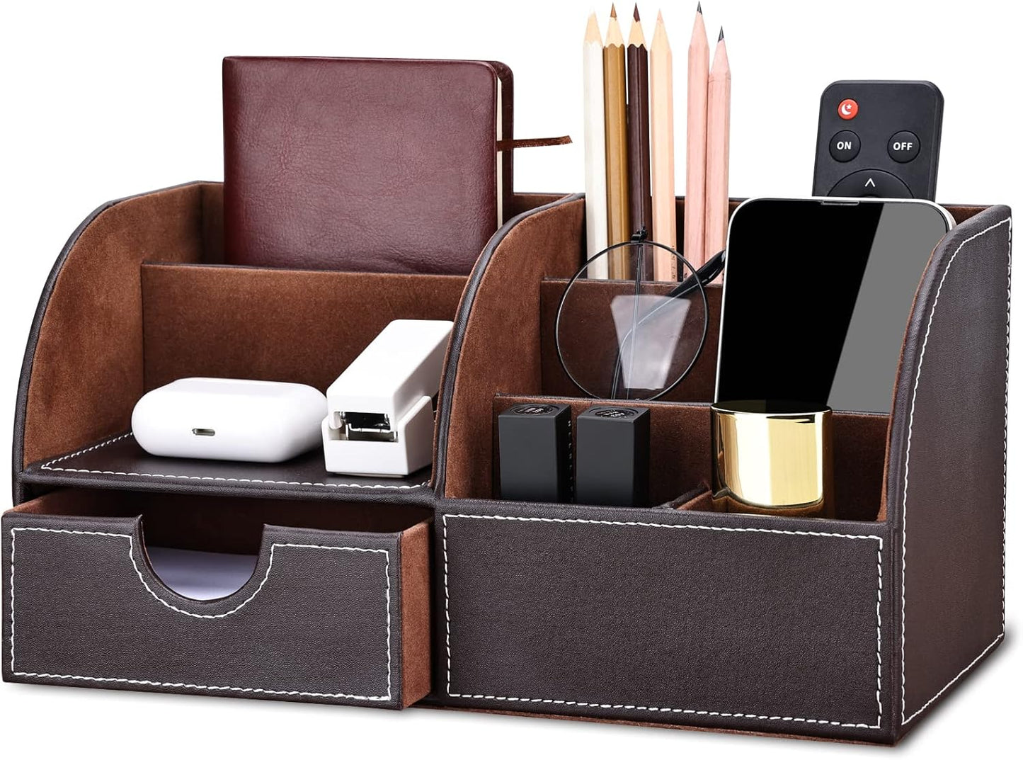 KINGFOM Pu Leather Desk Organizer Pen Pencil Holder Office Supplies Caddy Storage Box 6 Compartments with Drawer Brown (Half Pu)
