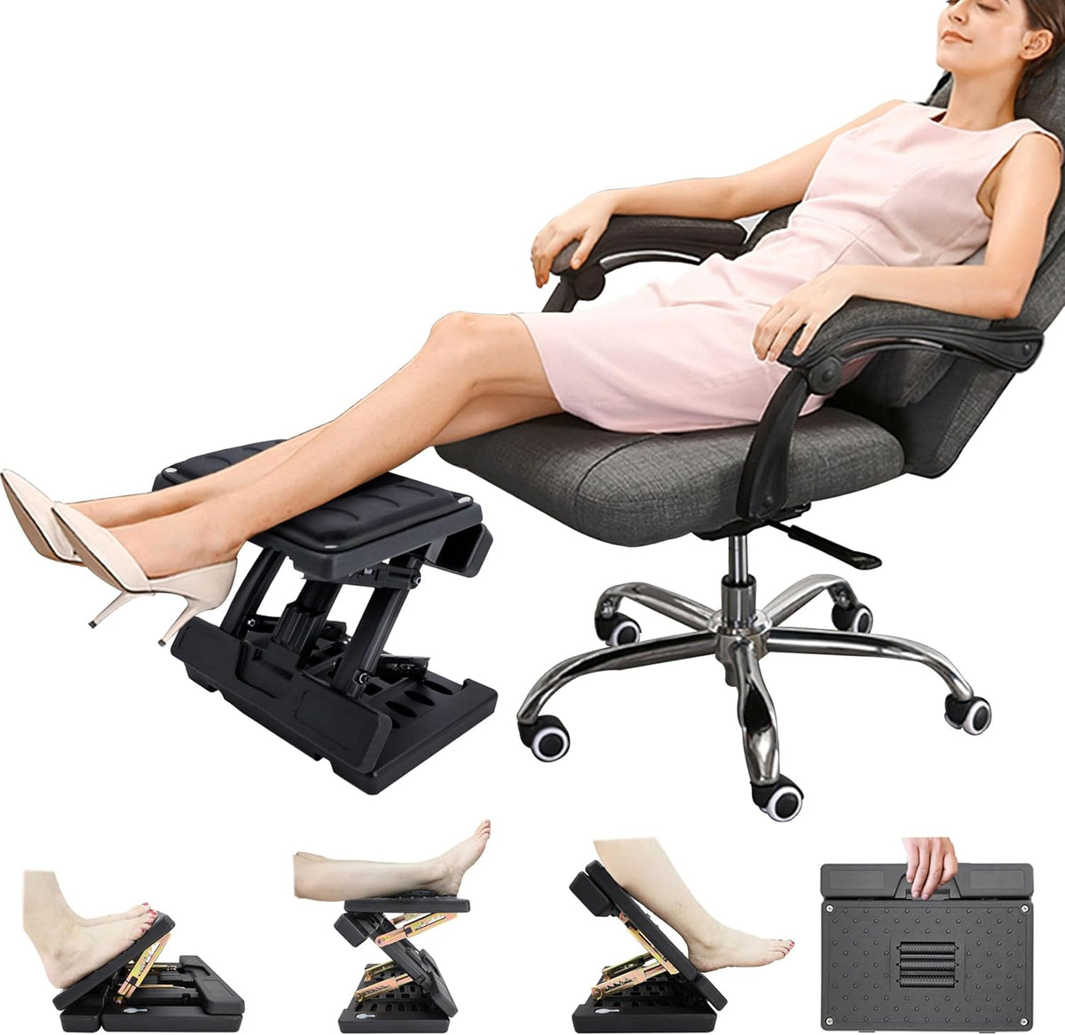 Adjustable Ergonomic Foot Rest Under Desk with Massage Roller Surface, Foldable Office Leg Support Stool for Work and Home (Black) - PuriLite