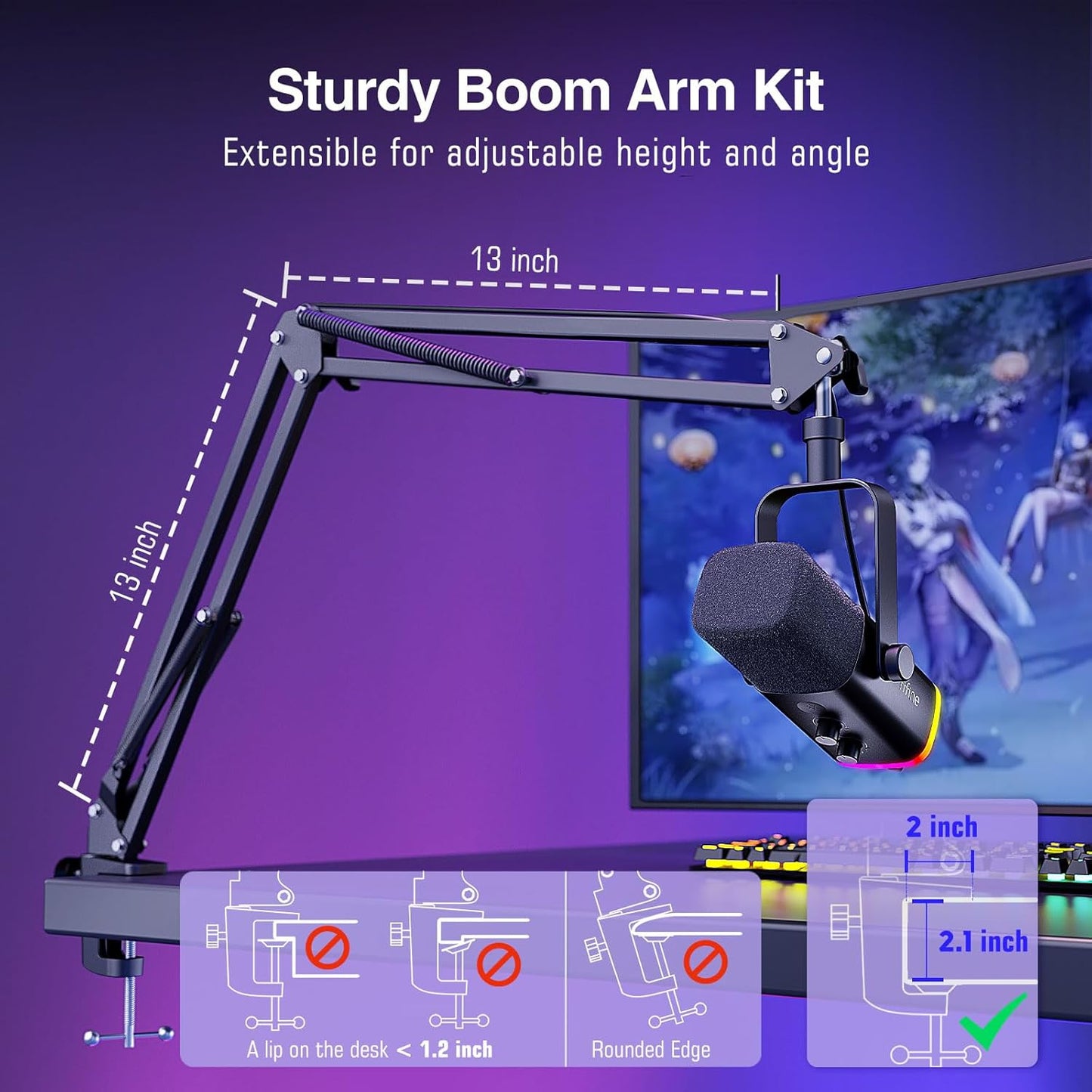 FIFINE XLR/USB Gaming Microphone Set, Dynamic PC Mic for Streaming Podcasting, Computer RGB Mic Kit with Boom Arm Stand, Mute Button, Headphones Jack, for Recording Vocal Voice-Over-AmpliGame AM8T