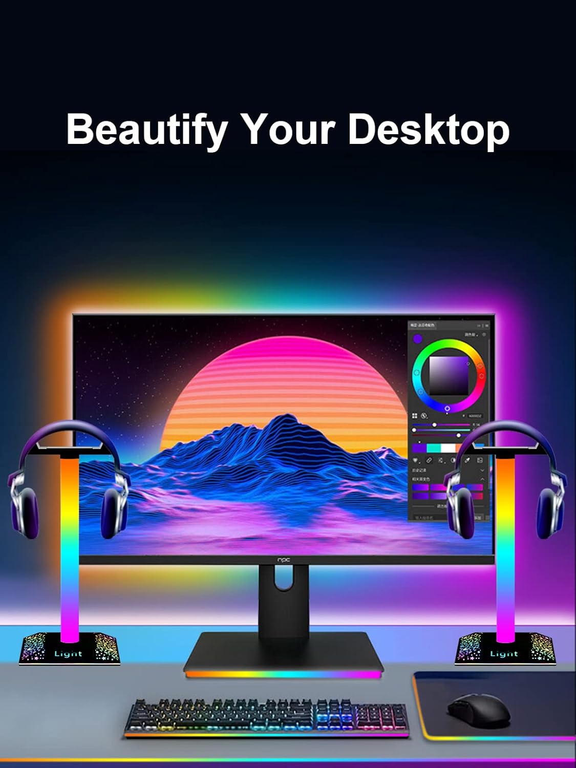 RGB Gaming Headphone Stand with Multi-Color LED Lights, Desktop Headset Holder with Stable Base for PC and Console Setup - PuriLite