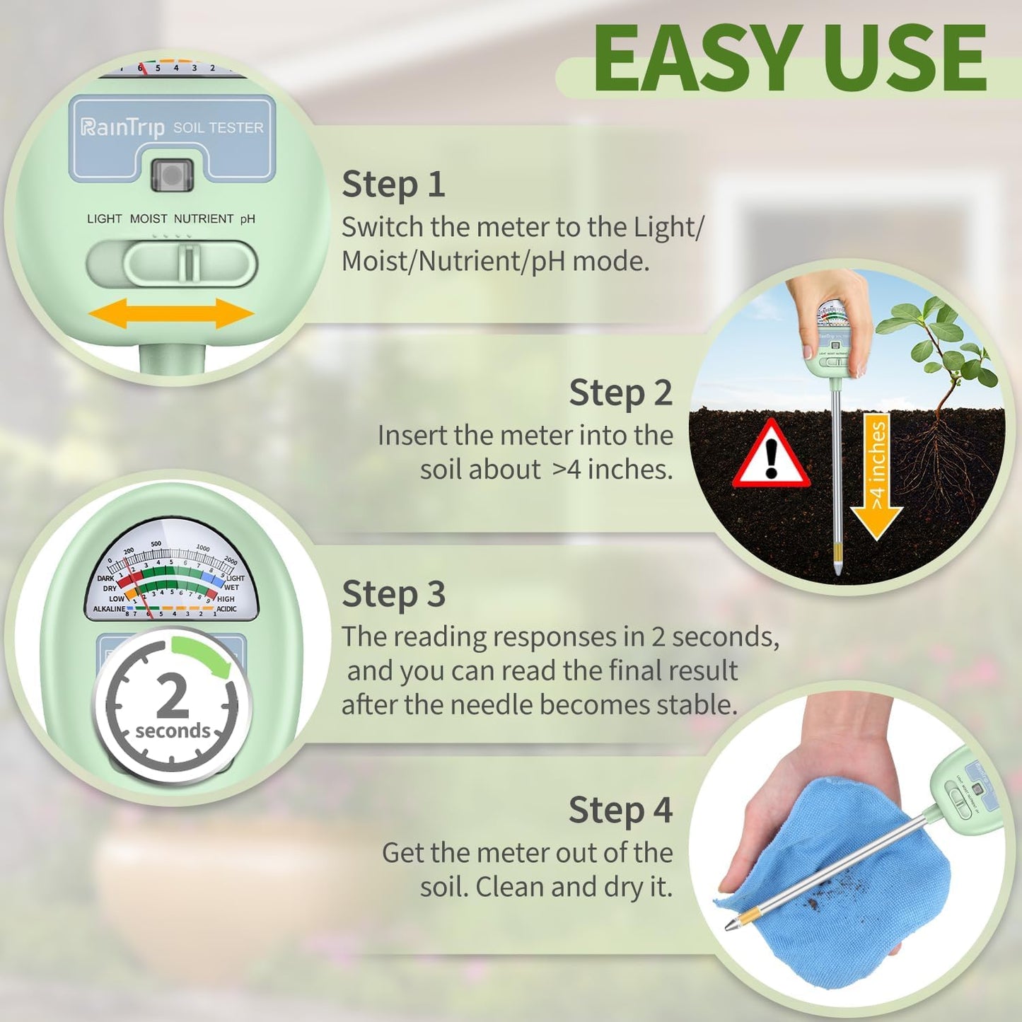 Soil Moisture Meter, 4-in-1 Moisture Meter for Plants, Tester for Moist, Light,Nutrients, pH, Soil Test Kit, Great for Garden, Lawn, Farm, Indoor & Outdoor Use, No Battery Required