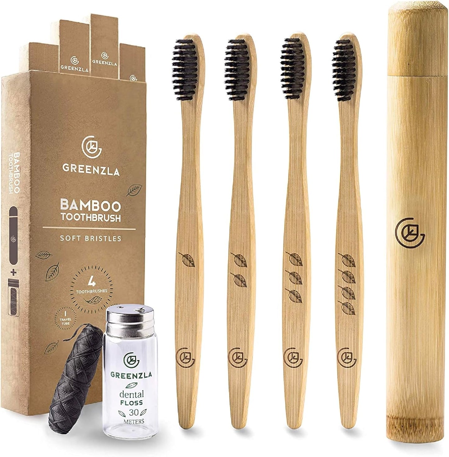 Greenzla Bamboo Toothbrush (4 Pack) with Travel Case & Charcoal Dental Floss | BPA Free Soft Bristles | Eco-Friendly, Natural Bamboo Toothbrush Set | Biodegradable & Compostable Wooden Toothbrushes