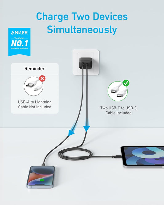 iPhone 15 Charger, Anker USB C Charger, 2-Pack 20W Dual Port USB Fast Wall Charger, USB C Charger Block for iPhone 15/15 Pro/15 Pro Max/iPad Pro/AirPods and More (2-Pack 5 ft USB-C Cable Included) - PuriLite