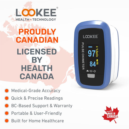 LOOKEE LK50D1 Deluxe Fingertip Pulse Oximeter | Proudly Canadian | Finger SpO2 Blood Oxygen Saturation Monitor with Auto Rotate OLED Display Plethysmograph Waveform & Pulse Graph | Batteries Included