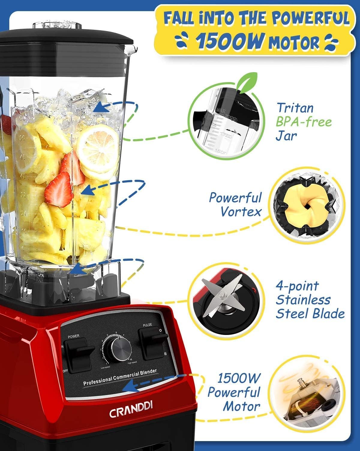 BlackCRANDDI Professional Blender, 70oz Commercial Blender for Smoothies, 1500W Power Blender with 10 Speeds Control for Home, Self-Cleaning,YL-010 Red New