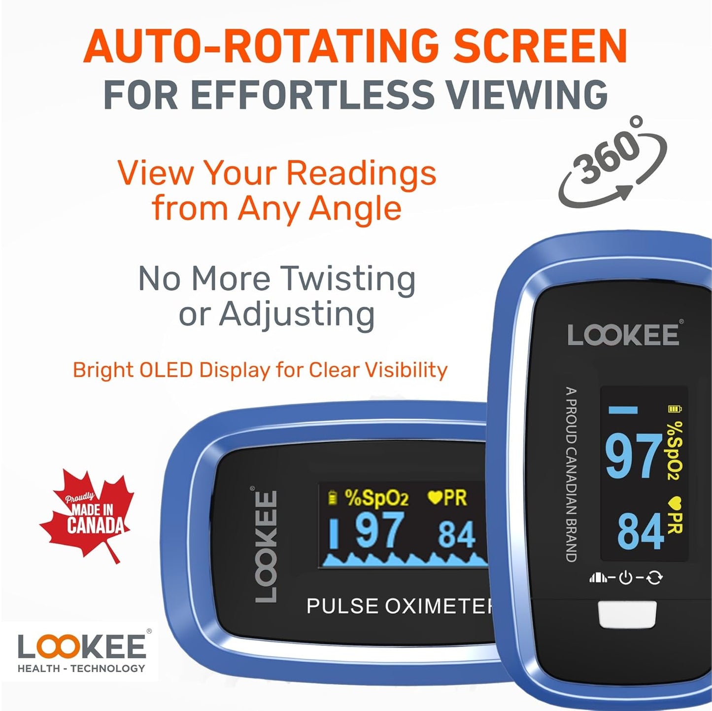 LOOKEE LK50D1 Deluxe Fingertip Pulse Oximeter | Proudly Canadian | Finger SpO2 Blood Oxygen Saturation Monitor with Auto Rotate OLED Display Plethysmograph Waveform & Pulse Graph | Batteries Included