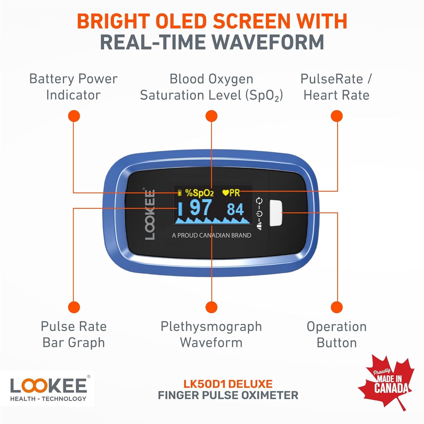 LOOKEE LK50D1 Deluxe Fingertip Pulse Oximeter | Proudly Canadian | Finger SpO2 Blood Oxygen Saturation Monitor with Auto Rotate OLED Display Plethysmograph Waveform & Pulse Graph | Batteries Included