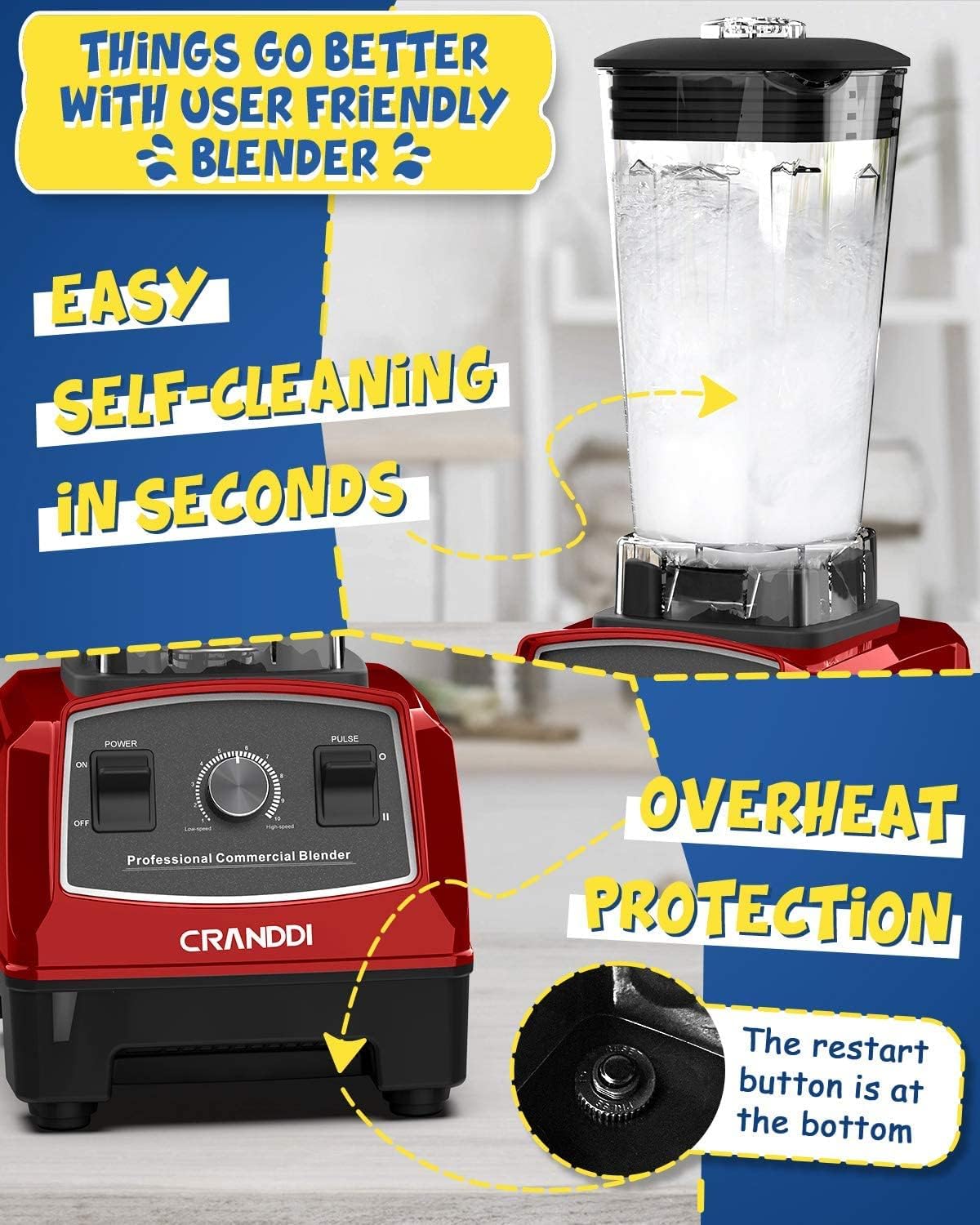 BlackCRANDDI Professional Blender, 70oz Commercial Blender for Smoothies, 1500W Power Blender with 10 Speeds Control for Home, Self-Cleaning,YL-010 Red New - PuriLite