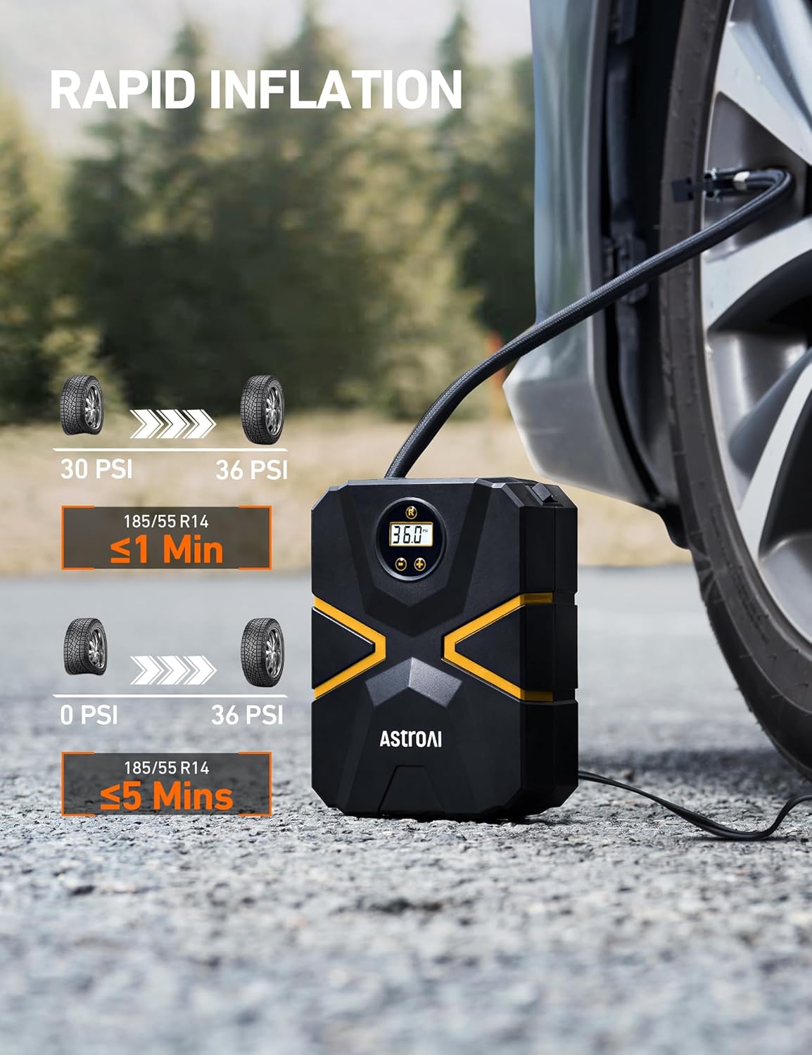 AstroAI Tire Inflator Air Compressor 12V DC, Digital Car Tire Pump 150 PSI, Preset Tire Pressure & Auto Shutoff, Electric Air Pump for Car Tyres, Bicycles, Other Inflatables, Yellow