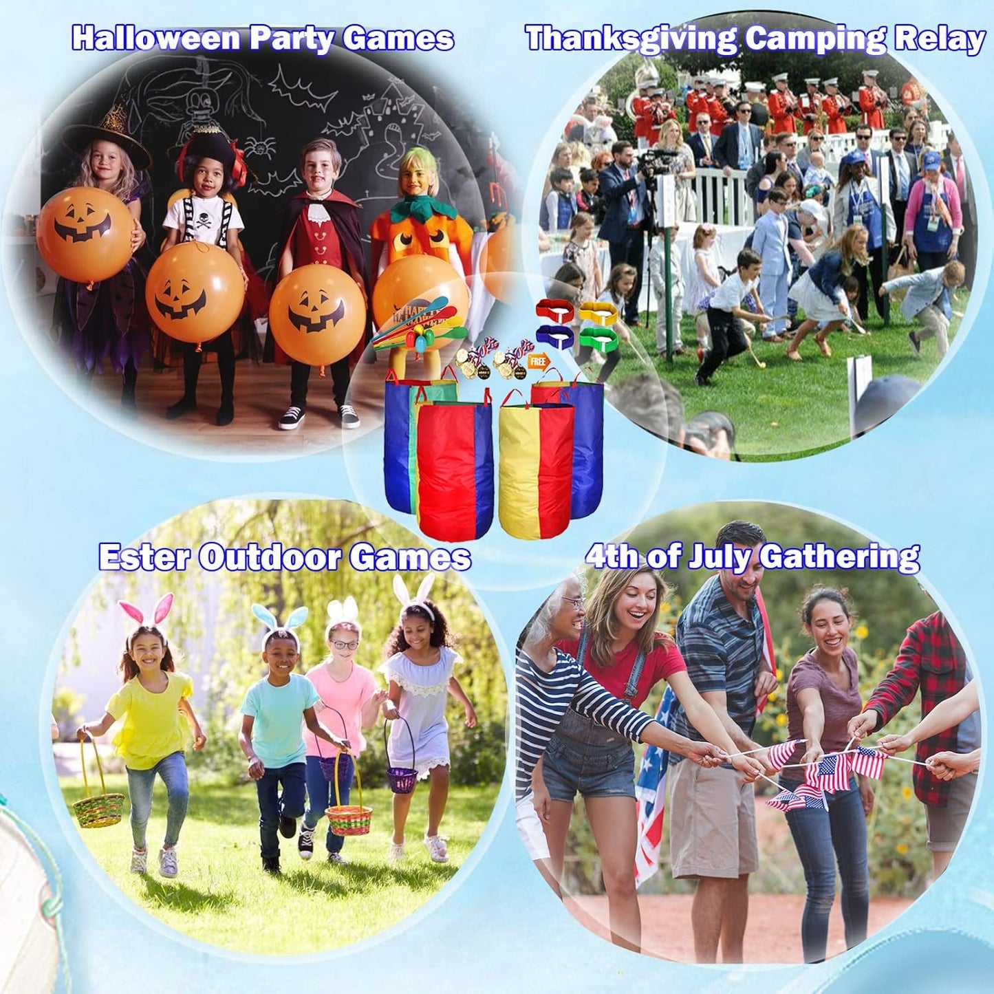 CWLAKON Outdoor Carnival Games Potato Sack Race Bags for Kids Adults, Egg and Spoon Race, 3 Legged Race Bands, Outside Backyard Lawn Yard Field Day Birthday Party Camping Picnic Family Reunion Game