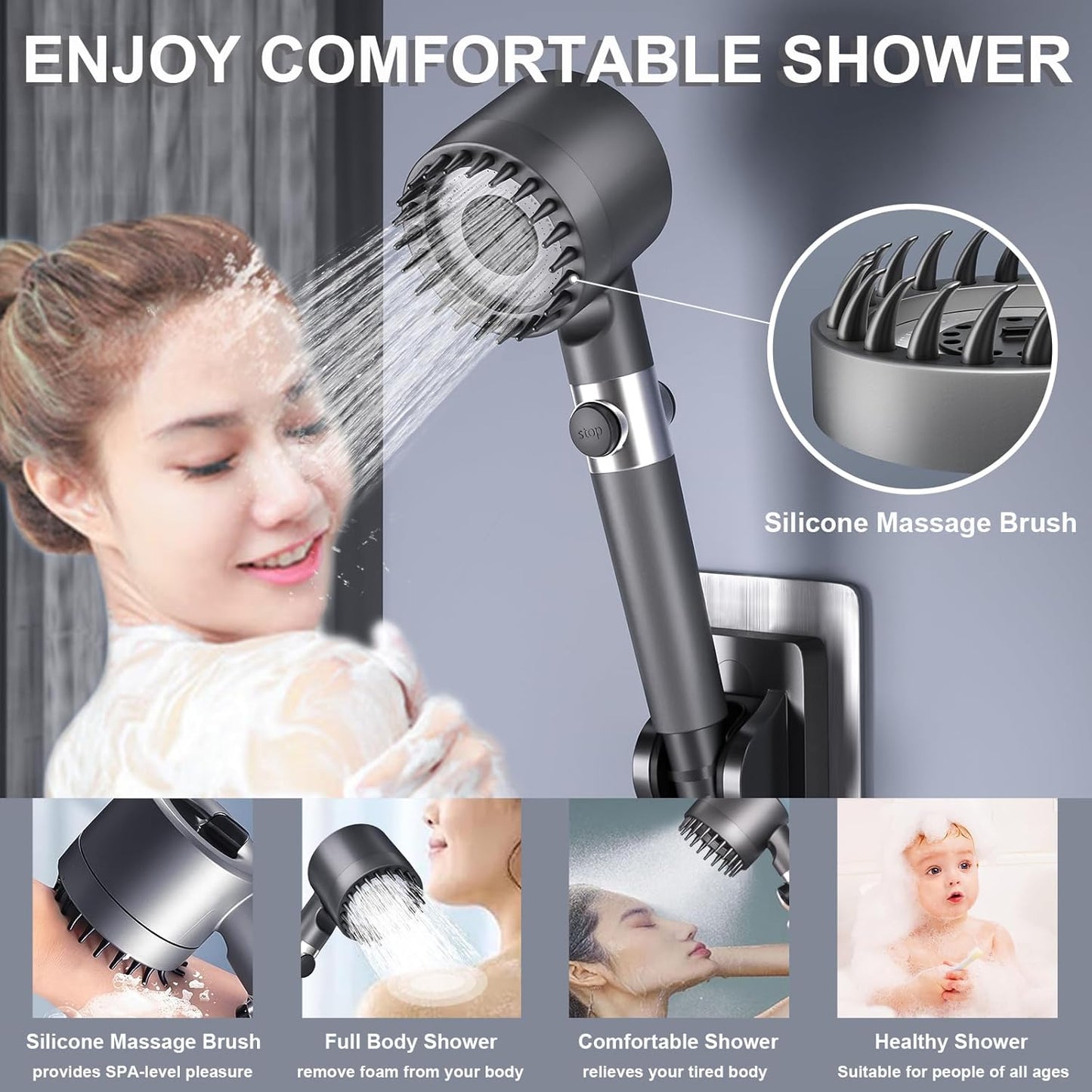 Shower Head with Hose 1.5M, Ion Drops Shower Head with Handheld for Hard Water, 4 Modes Iondrops Filtered Showerhead, High Pressure Shower Heads with ON/Off Switch Grey