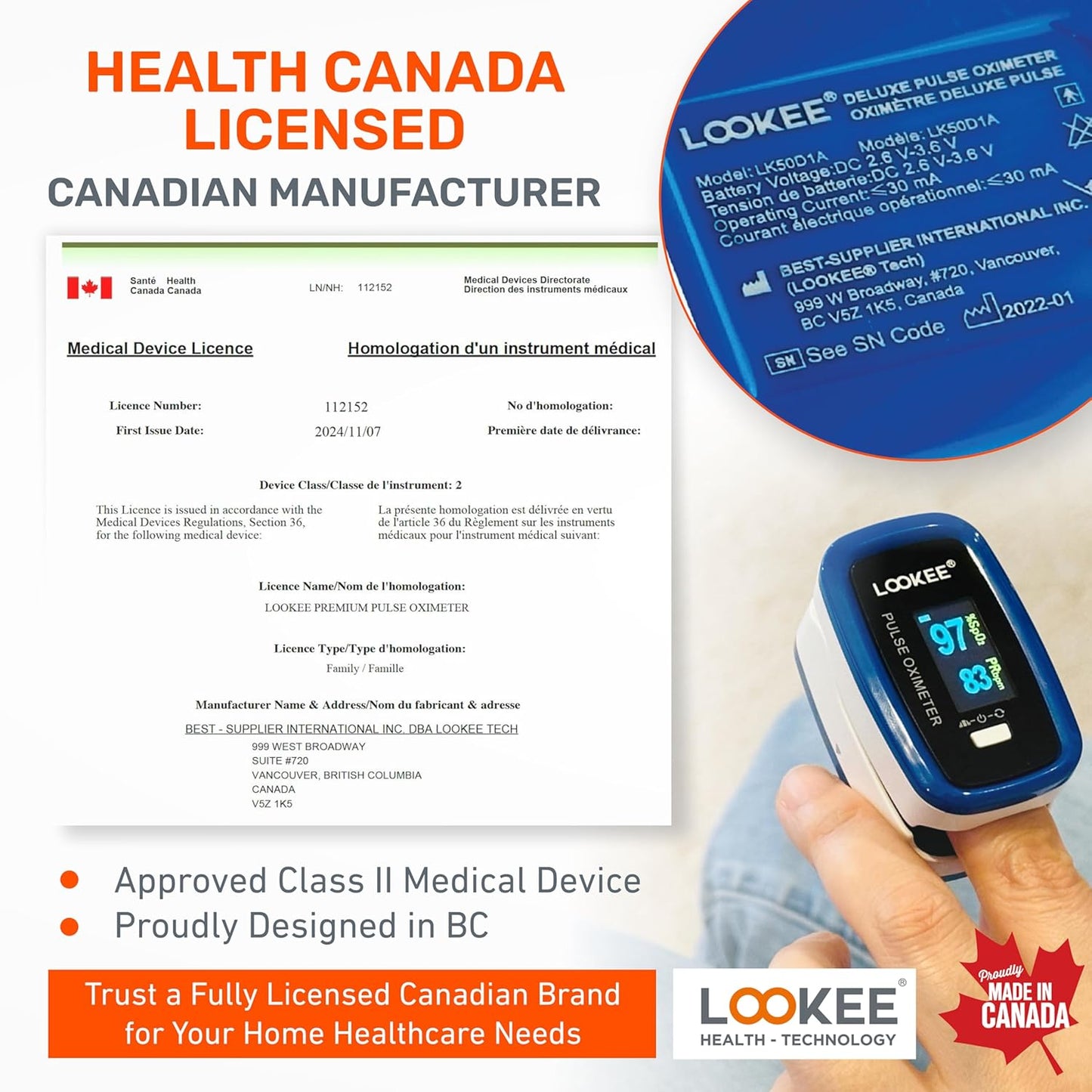 LOOKEE LK50D1 Deluxe Fingertip Pulse Oximeter | Proudly Canadian | Finger SpO2 Blood Oxygen Saturation Monitor with Auto Rotate OLED Display Plethysmograph Waveform & Pulse Graph | Batteries Included