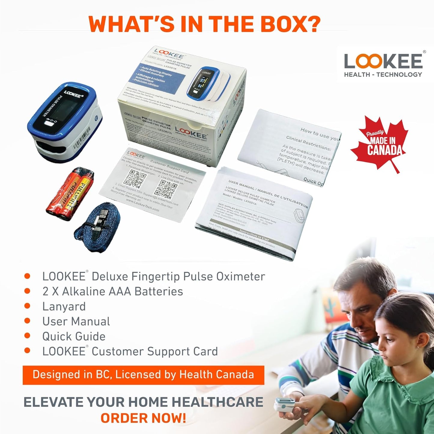LOOKEE LK50D1 Deluxe Fingertip Pulse Oximeter | Proudly Canadian | Finger SpO2 Blood Oxygen Saturation Monitor with Auto Rotate OLED Display Plethysmograph Waveform & Pulse Graph | Batteries Included