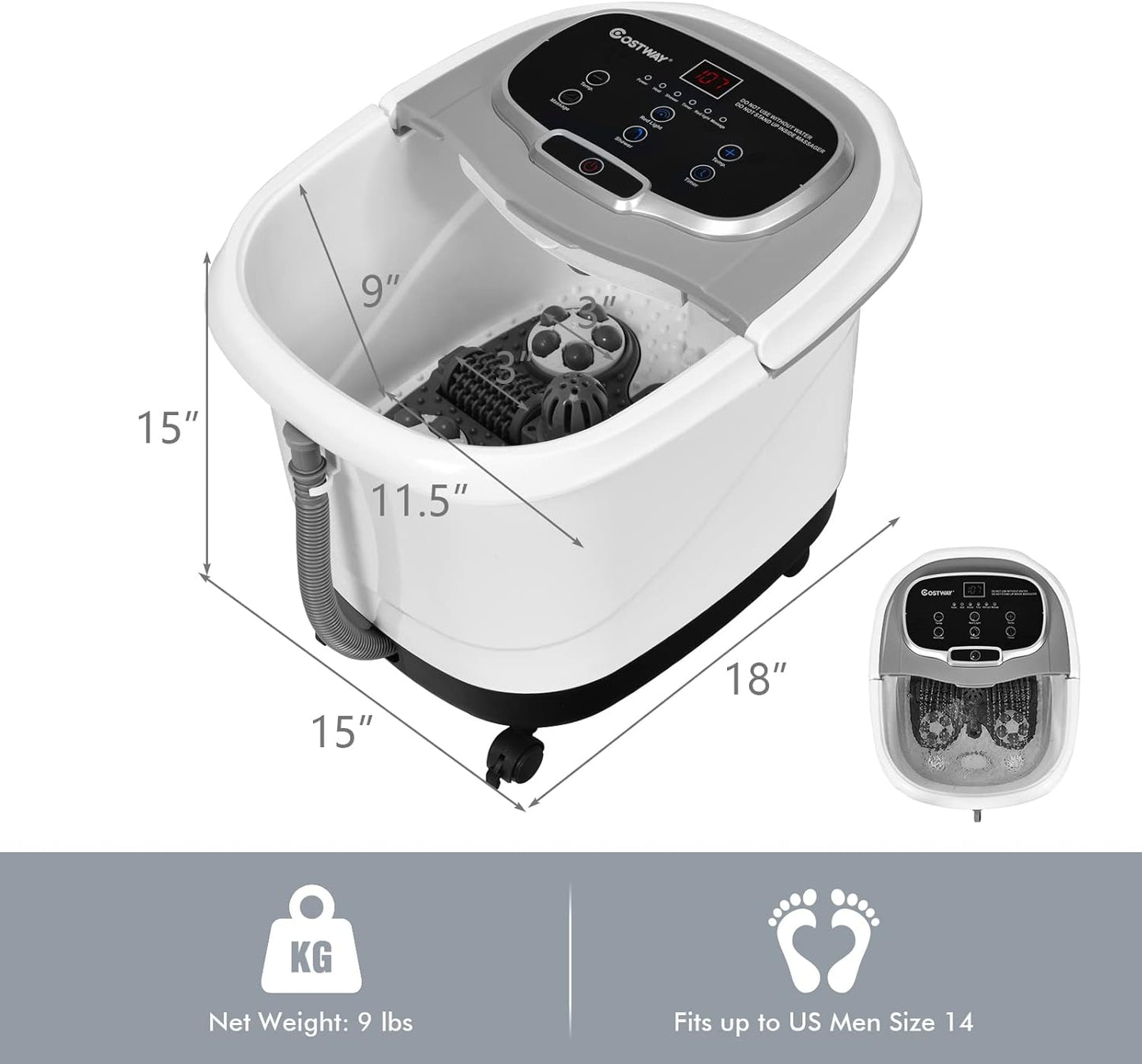 COSTWAY Foot Spa/Bath Massager, with Motorized Rollers, Shiatsu Massage, Shower, Heat, Red Light, Temperature Control, Timer, LED Display, Drainage Pipe for Foot Stress Relief (Grey)