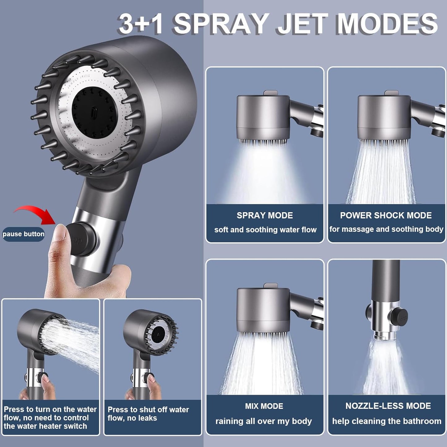 Shower Head with Hose 1.5M, Ion Drops Shower Head with Handheld for Hard Water, 4 Modes Iondrops Filtered Showerhead, High Pressure Shower Heads with ON/Off Switch Grey