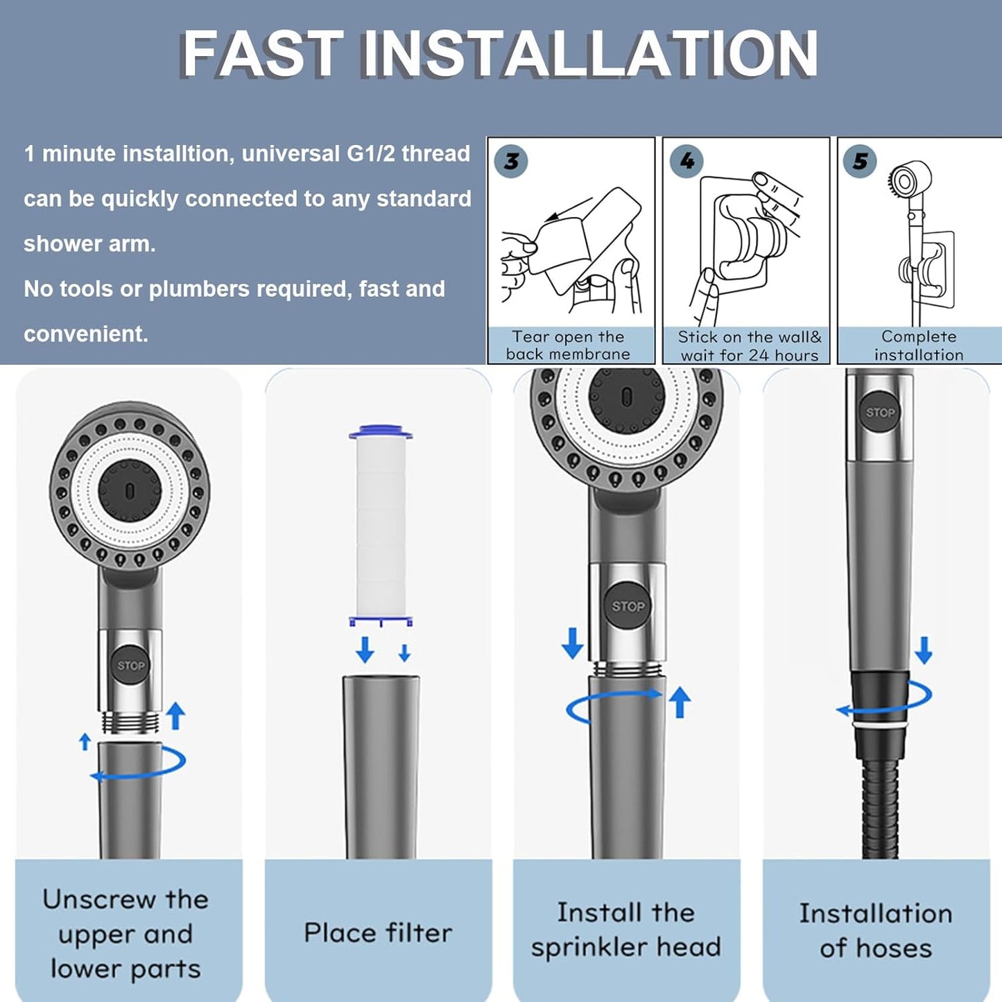 Shower Head with Hose 1.5M, Ion Drops Shower Head with Handheld for Hard Water, 4 Modes Iondrops Filtered Showerhead, High Pressure Shower Heads with ON/Off Switch Grey