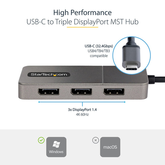 3-Port USB-C Multi-Monitor Adapter, USB Type-C to 3x DisplayPort 1.4 MST Hub, Triple 4K 60Hz DP Laptop Display Extender / Splitter, HDR, Extra-Long Built-In Cable - Windows Only - PuriLite