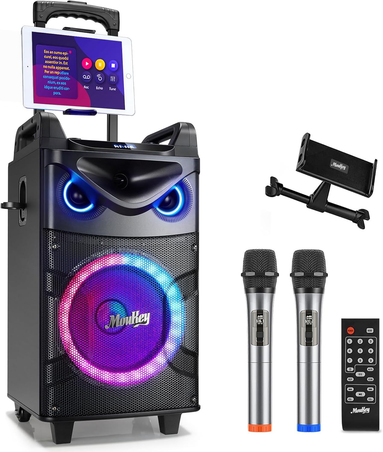 Moukey Karaoke Machine, 10" Woofer Portable PA System, Bluetooth Speaker with 2 Wireless Microphones, Lyrics Display Tablet Holder, Party Lights & Echo/Treble/Bass Adjustment Support REC/AUX/USB/TF