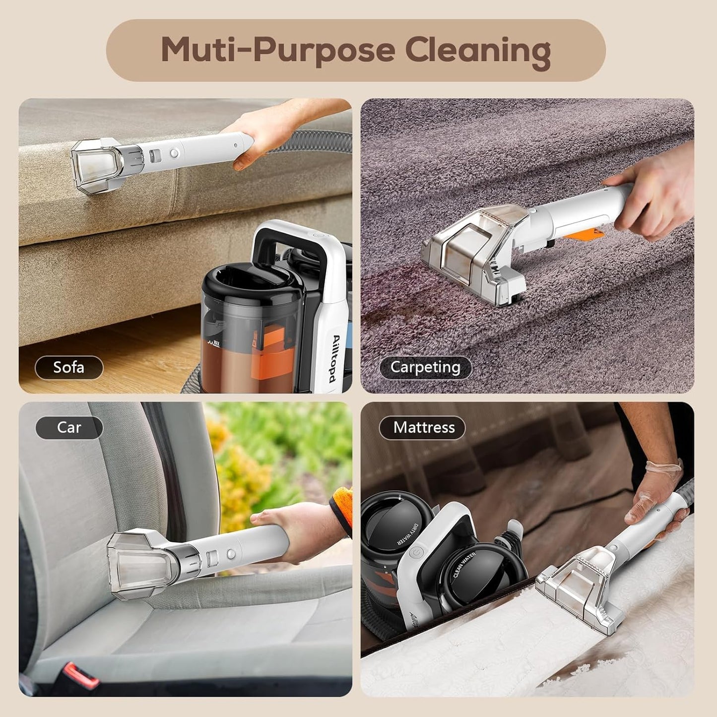 Ailltopd Portable Carpet & Upholstery Spot Cleaner, Powerful Suction and Spot Remover, Deep Stain Cleaning for Carpet, Pets, Stairs, Car Seat, Couch, with Dual Size BrushHead and Cleaning Solutions