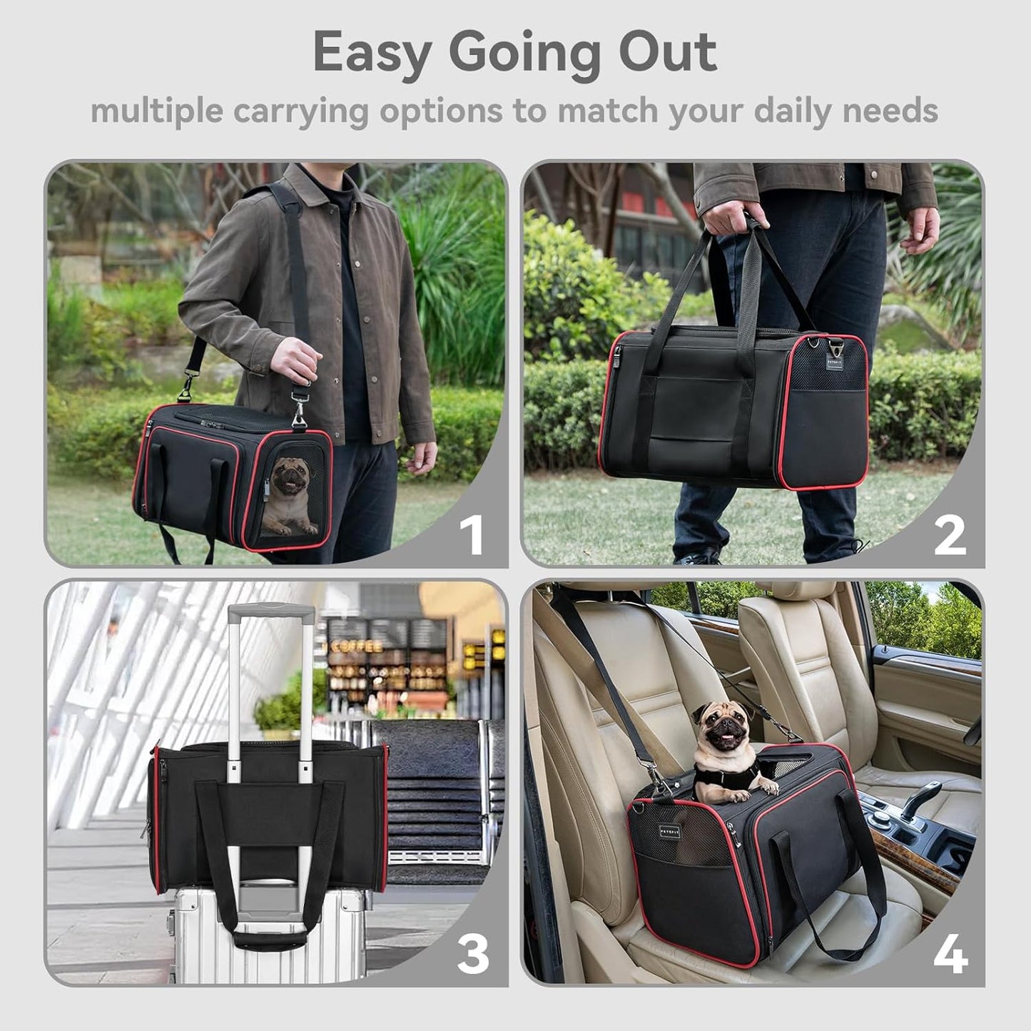 Petsfit Expandable Cat Dog Carrier Airline Approved, 17" L x 11" W x 11" H Soft-Sided Portable Pet Travel Carrier for Kitten, Puppy, Removable Soft Plush Mat and Pockets, Auto-Locking Zippers