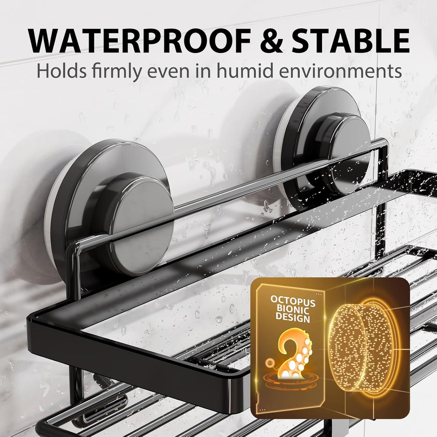 LEVERLOC Shower Caddy Suction Cup, 2 Pack Black Shower Shelf with Hooks and Soap Holder, NO-Drilling Bathroom Organizer, Rustproof Metal Bathroom Storage and Organization