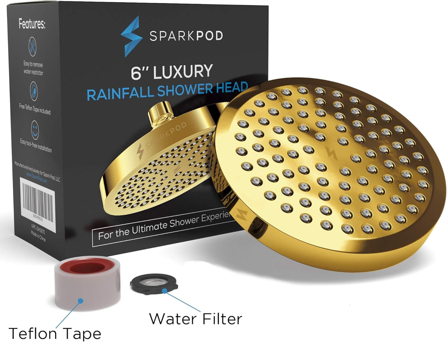 SparkPod Shower Head - High Pressure Rain - Premium Quality Luxury Design - 1-Min Install - Easy Clean Adjustable Replacement for Your Bathroom Shower Heads (Luxury Polished Chrome, 6 Inch Round)
