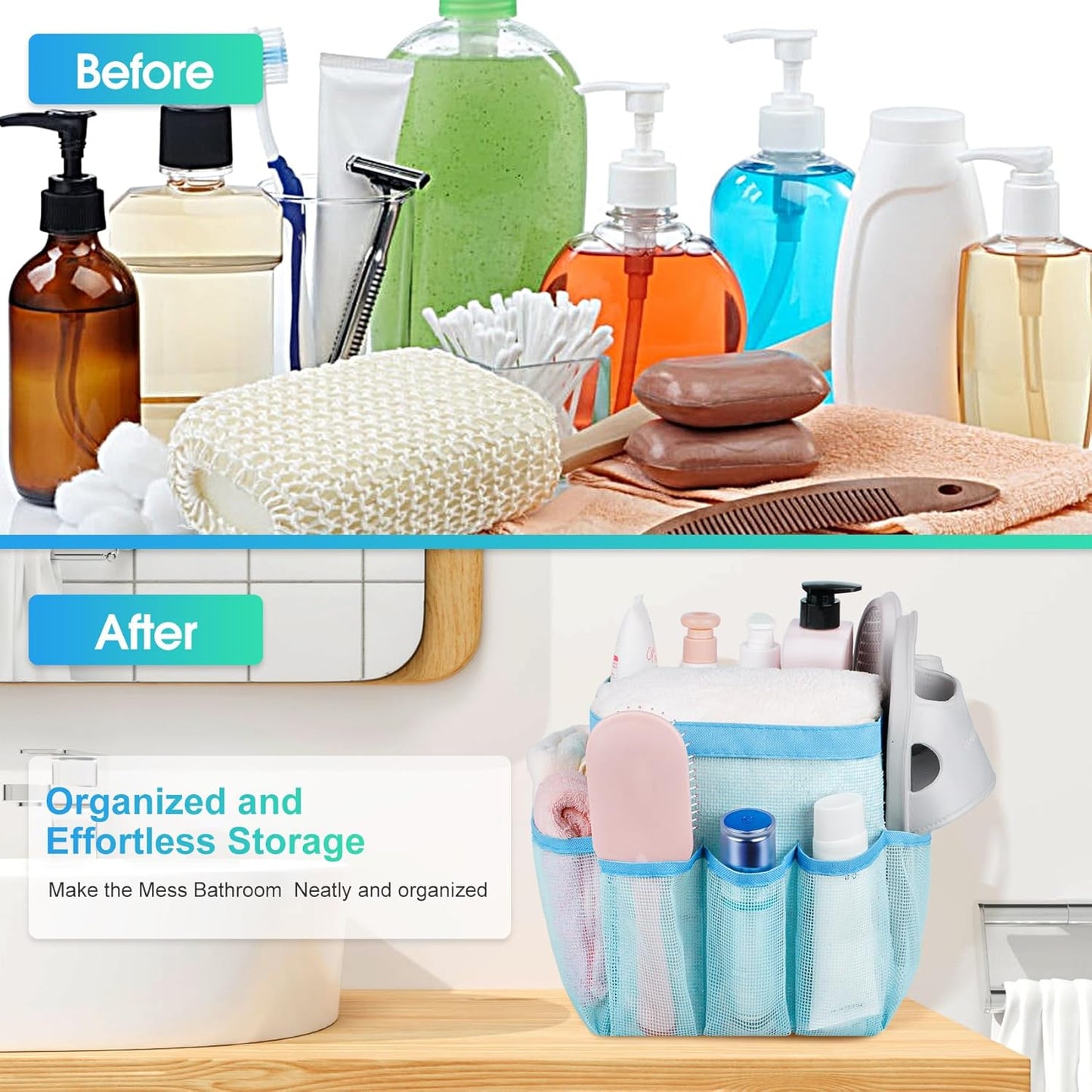 Attmu Mesh Shower Caddy Portable for College Dorm Room Essentials with 8 Pockets, Hanging Shower Caddy Basket Tote Bag Toiletry Accessories for Bathroom