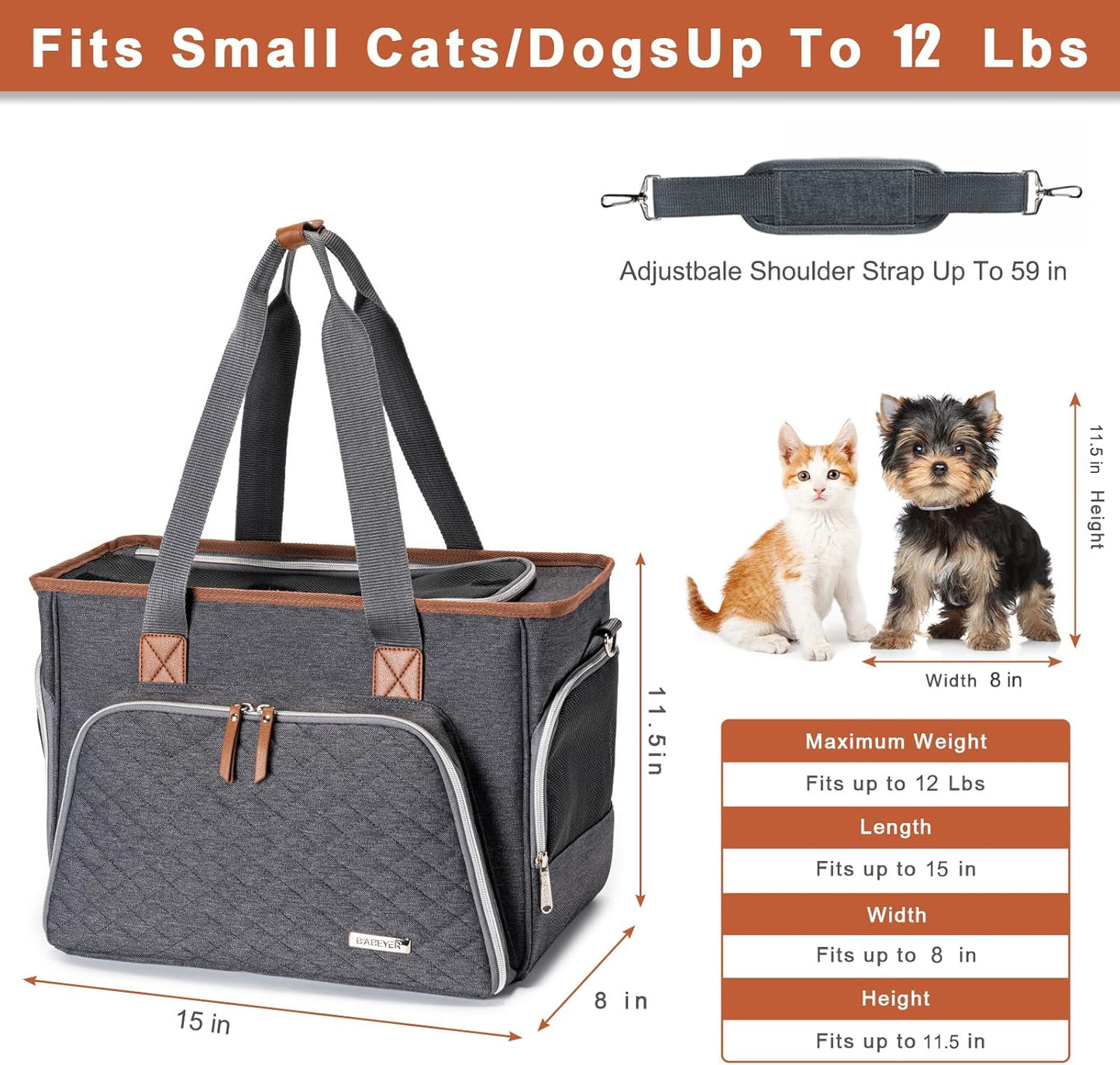 BABEYER Cat Purse Carrier, Puppy Purse Carrier, TSA Airline-Approved Pet Carrier for Small Dogs and Cats Under 12lbs for Travel, Outdoor, Vet Visits-Grey