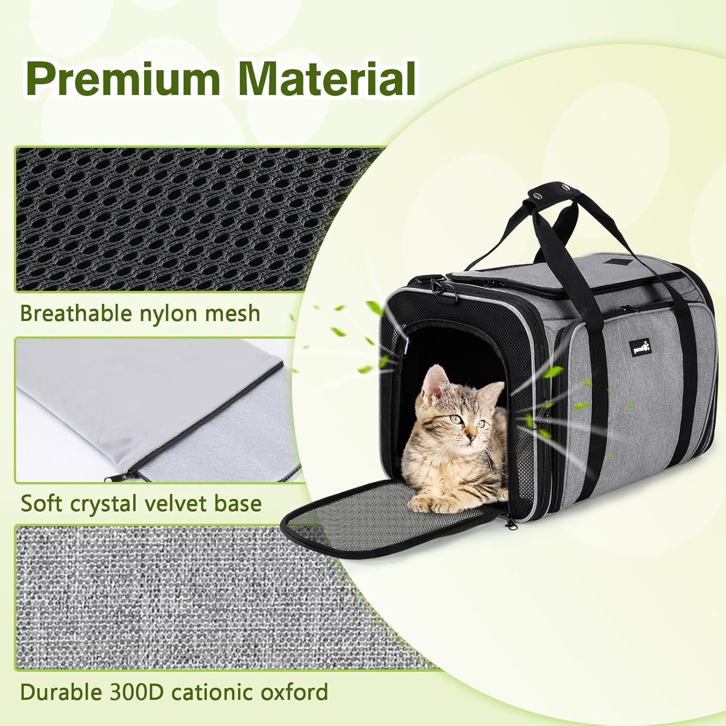 Pecute Cat Carrier Expandable 47x34x33cm, Dog Carrier Foldable, Pet Carrier with Breathable Mesh for Small to Medium Cats and Dogs, Used for Traveling, Camping, Going to The Vet Gray