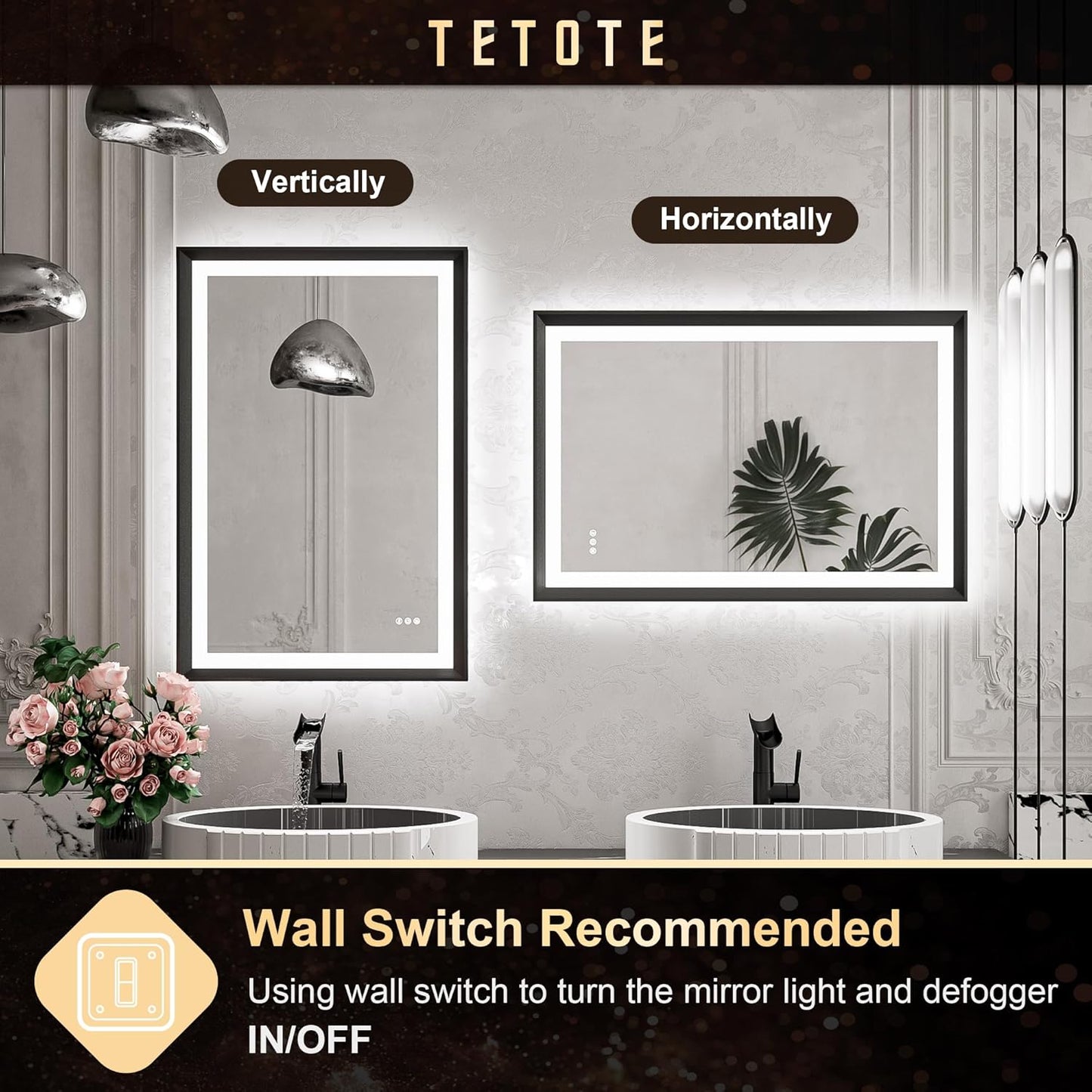 TETOTE 28x36 LED Mirror for Bathroom Black Metal Frame Frontlit & Backlit Lighted Vanity Mirror Baroque Gothic Anti Fog Stepless Dimmable White/Warm/Natural,Wall Mounted(Horizontal/Vertical)