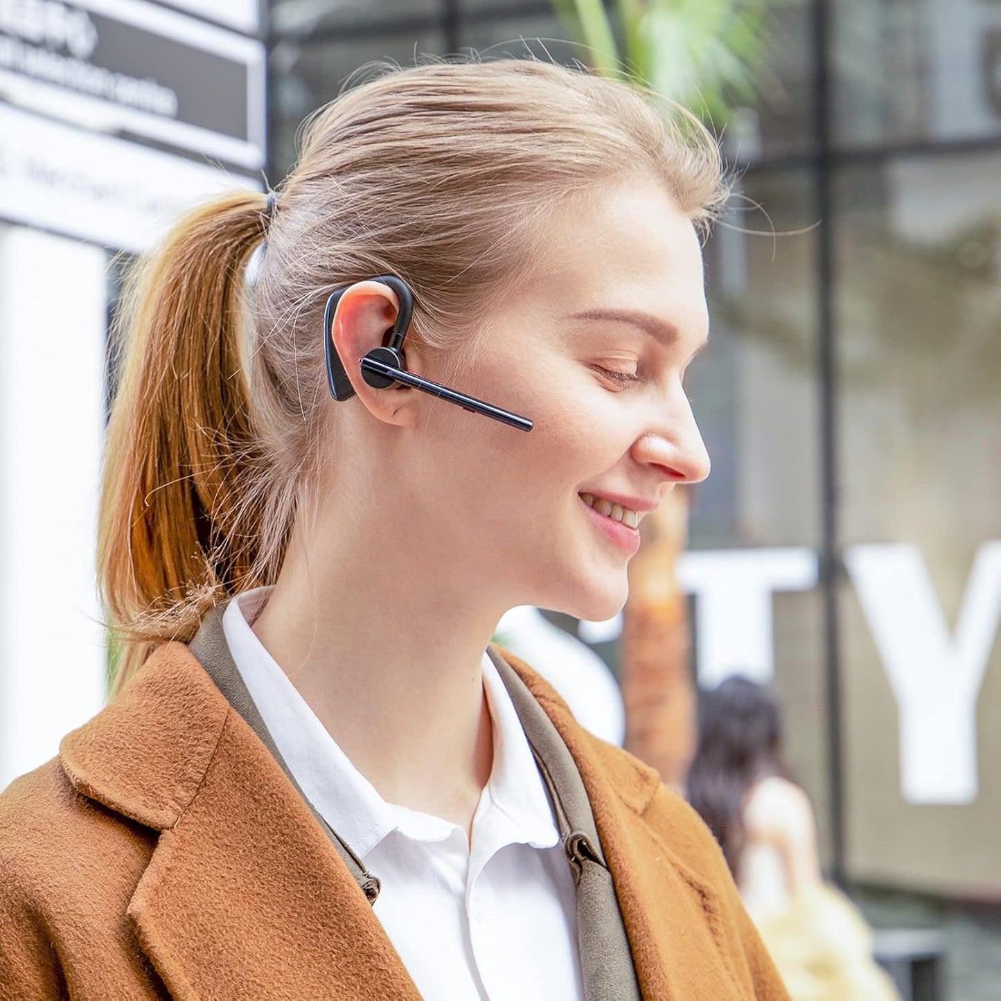 Bluetooth Headset V5.2 New Bee Bluetooth Earpiece CVC8.0 Dual Mic Noise Cancelling Wireless Handsfree 24Hrs Talktime Driving Headset with Mic Mute for iPhone Android Smartphone Business Office