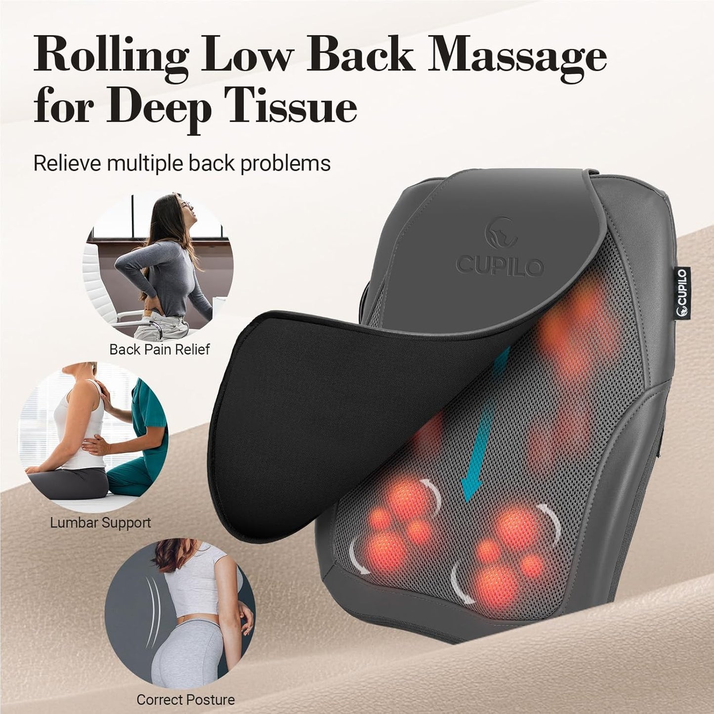 CuPiLo Shiatsu Low Back Massager with Heat, 3D Kneading Massage Pillow for Deep Tissue, Portable Rolling Lower Back Massager for Home Office, Gifts for Men Women Mom Dad