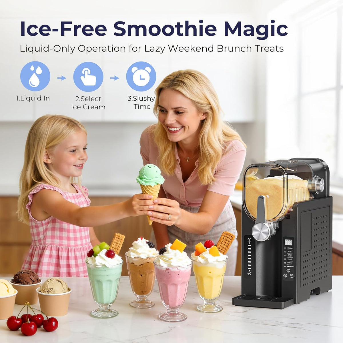 Slushie Machine, No Ice Needed Slushy Maker for Home, Real-Time Temp Display, Frozen Drink Maker with 6 Preset Programs for Ice Cream, Frappés, Milk Shake and More, Black, 1 Pack+3Modes
