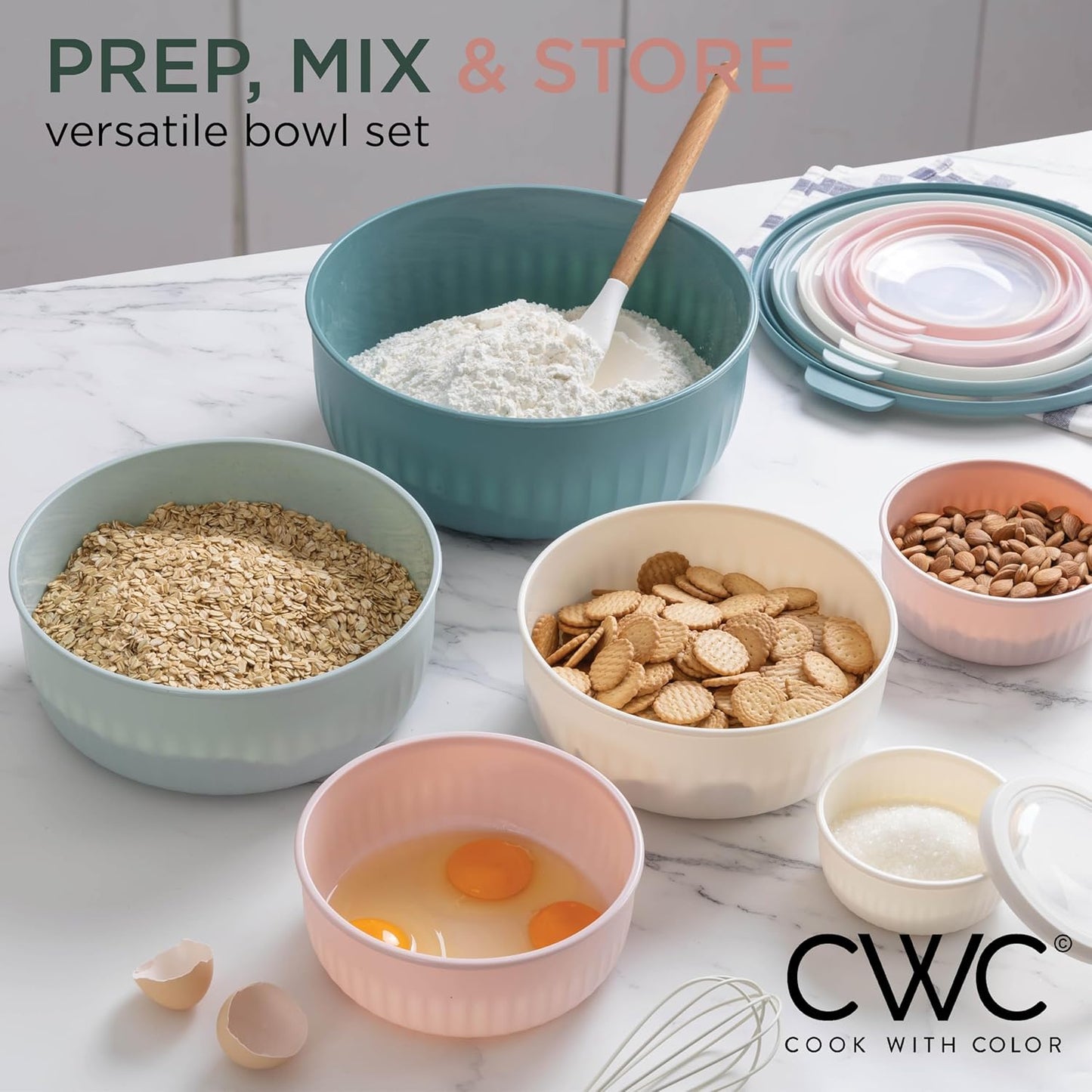 COOK WITH COLOR Prep Bowls with Lids- 8 Piece Nesting Plastic Small Mixing Bowl Set with Lids (Teal Ombre)