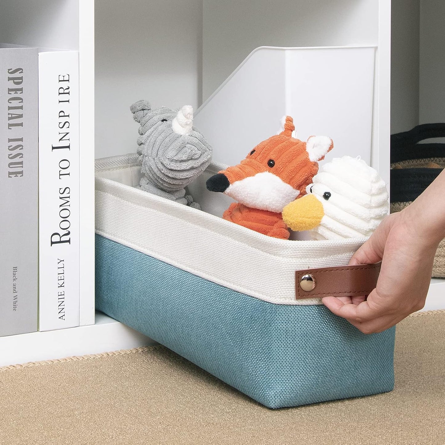 DULLEMELO Storage Baskets for Shelves, Fabric Collapsible Rectangular Storage Bins for Shelves, Closets, Nursery, Home, Office, Empty Gift Baskets (White&Teal)