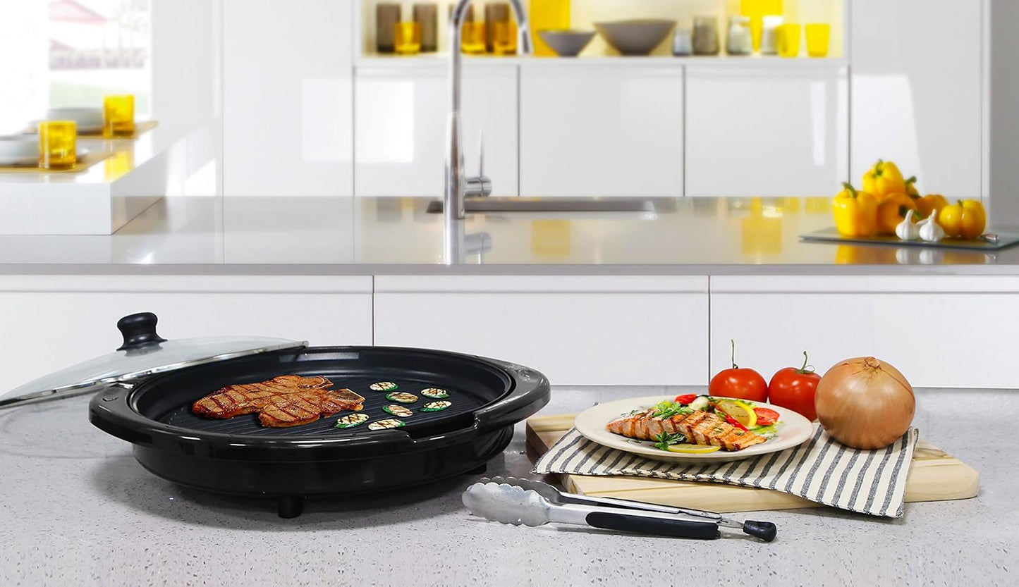 Elite Gourmet EMG6505G Smokeless Indoor Electric BBQ Grill with Glass Lid, Dishwasher Safe, PFOA-Free Nonstick, AdjCatable Temperature, Fast Heat Up, Low-Fat Meals Easy to Clean Design